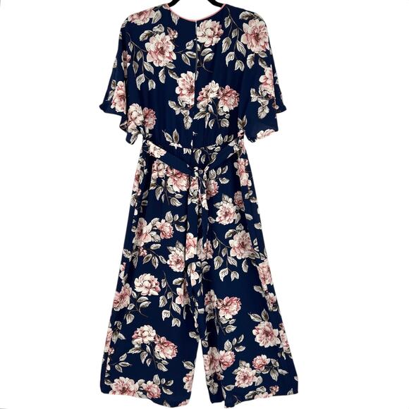 June & Hudson Jumpsuit Medium Navy Pink Cropped Wide Leg Dolman Sleeve - Picture 8 of 11